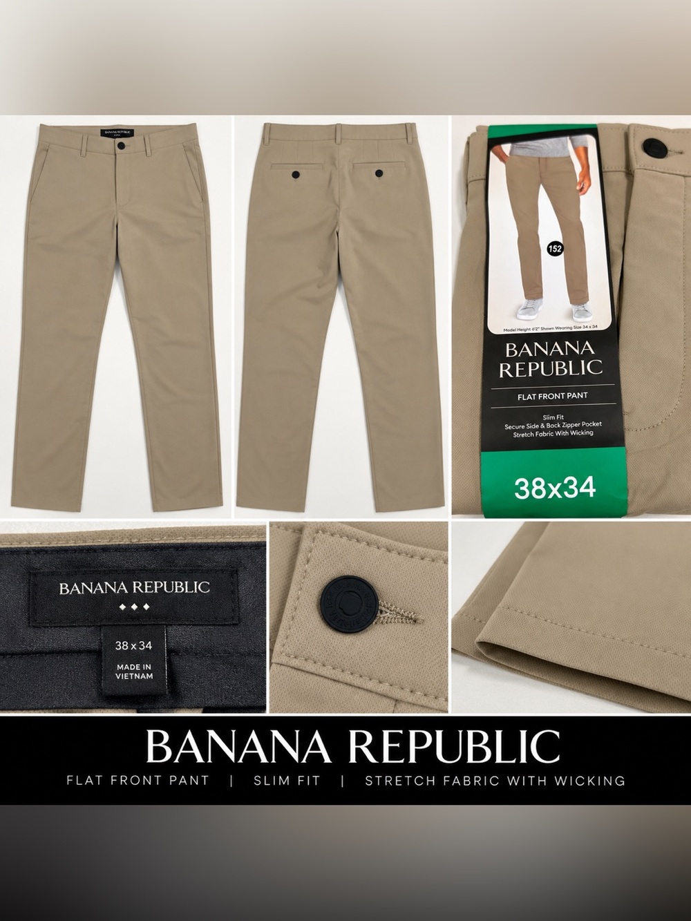 Banana Republic Slim Flat-Front Pants in Khaki 38 x 34